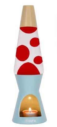 Theelicht lavalamp met lichtblauwe voet, rode was en beige kap