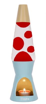 Theelicht lavalamp met lichtblauwe voet, rode was en beige kap