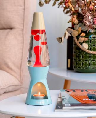 Theelicht lavalamp met lichtblauwe voet, rode was en beige kap